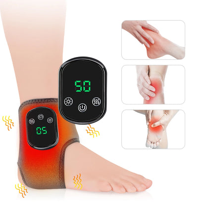 Heated ankle support with digital display and inset images of sore muscles.