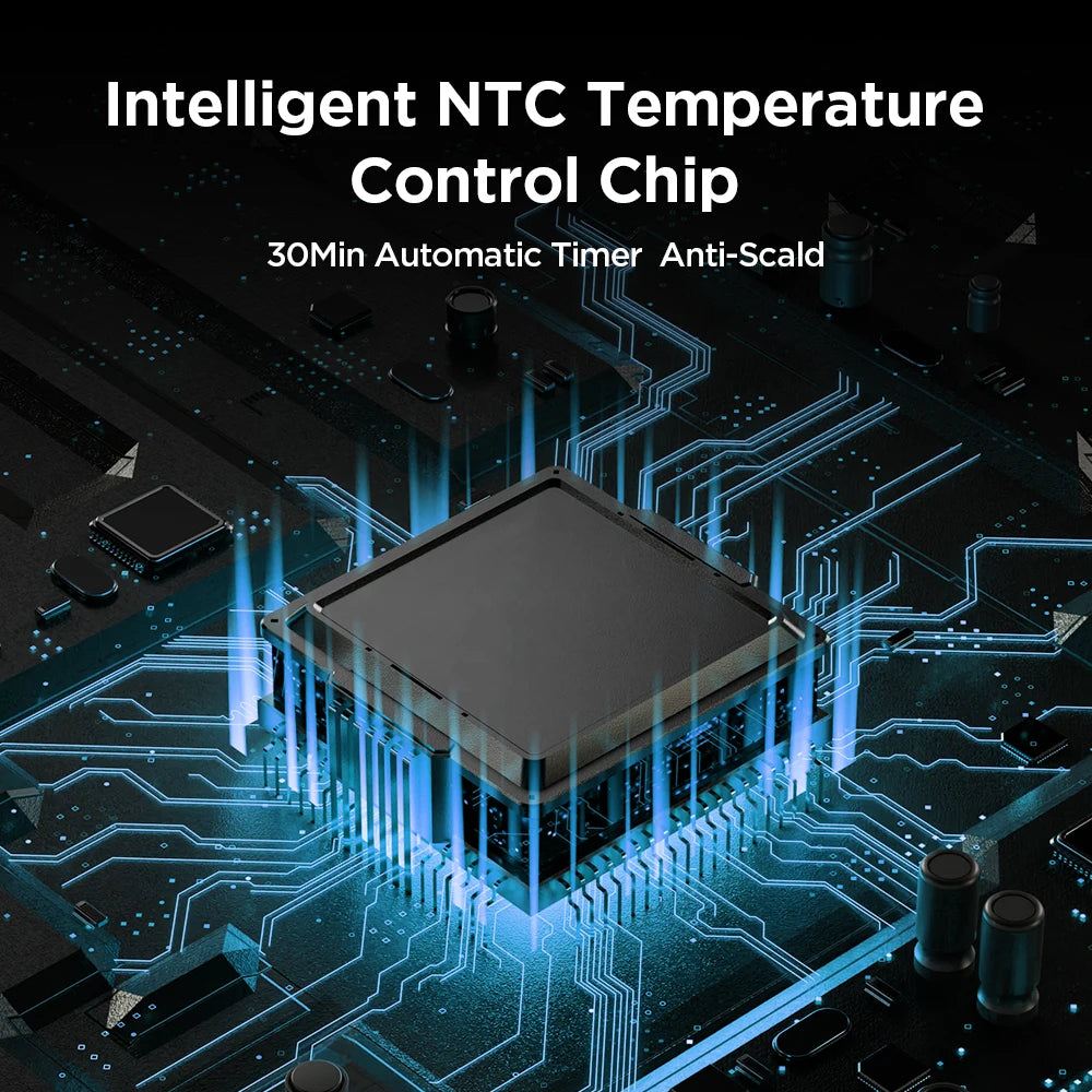 Intelligent NTC Temperature Control Chip on a circuit board with glowing blue lines.